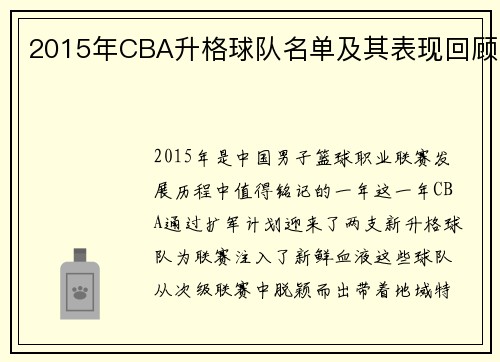 2015年CBA升格球队名单及其表现回顾